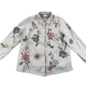 Marsh Landing Women Floral Embroidered Button Down Shirt Coat Beige L Cottagecor